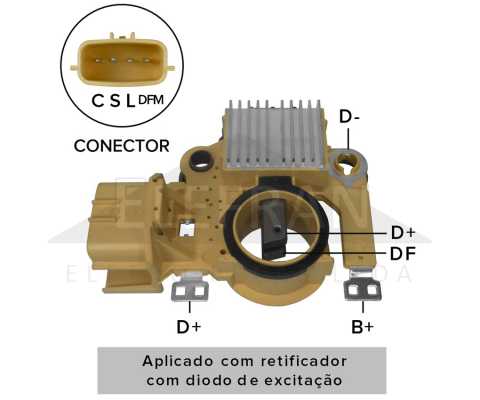 Regulador de voltagem do alternador 14.5V Mitsubishi Eclipse Galant Outlander JAC J3 (aplicado c/ retificador c/ diodo de excitação) - ligações