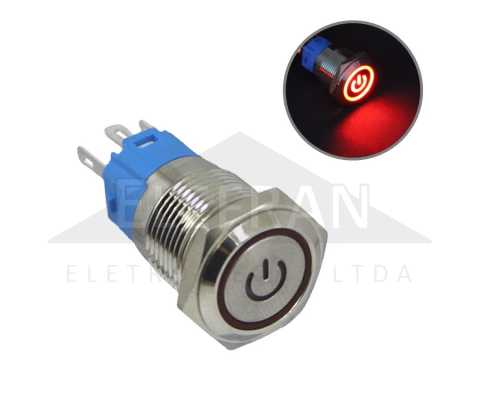Botão/interruptor redondo de liga e desliga com LED vermelho bivolt (12V / 24V) e diâmetro de rosca 16mm universal