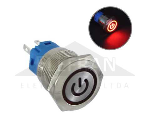 Botão/interruptor redondo de liga e desliga com LED vermelho bivolt (12V / 24V) e diâmetro de rosca 19mm universal